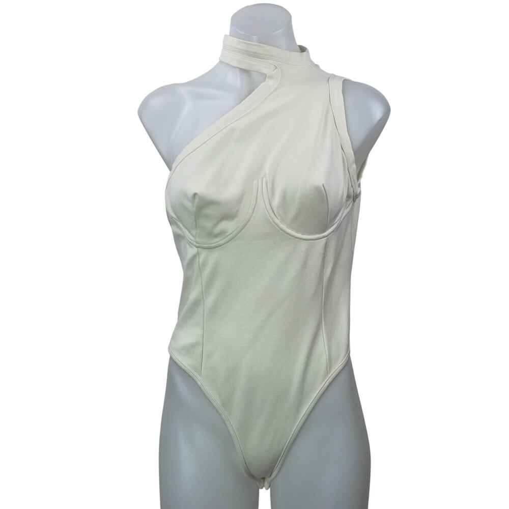 FUMI Women's Cream Mock Neck Sleeveless Bustier Thong Bodysuit Top Size XL